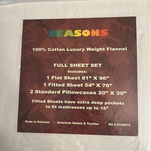 NWT (SEASONS) FULL SHEET SET 100% Cotton Luxury weight Flannel in IVORY color